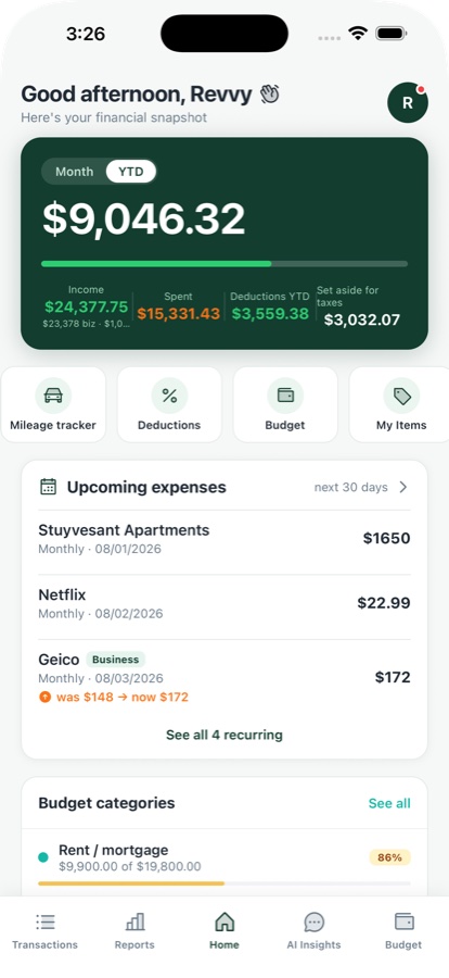 RevvFi home dashboard: net income and up-to-date books